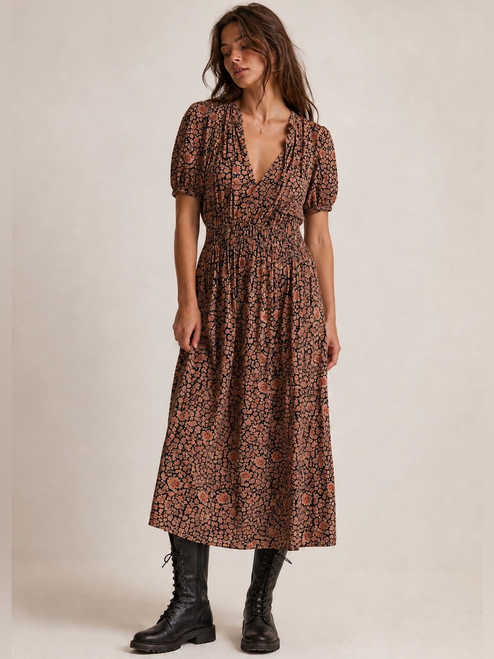 Treasure & Bond Floral Smocked Waist Midi Dress Brown Black Boho Size Medium